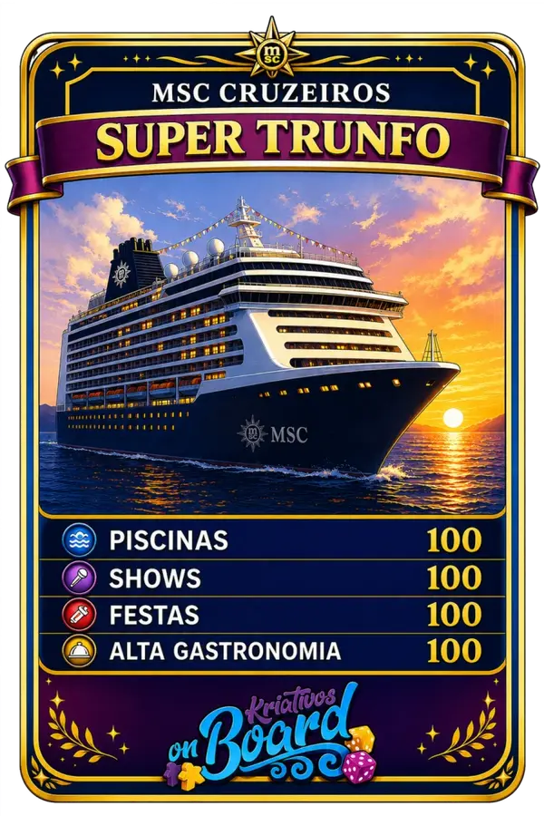 Carta bônus Super Trunfo MSC Cruzeiros com piscinas, shows, festas e alta gastronomia